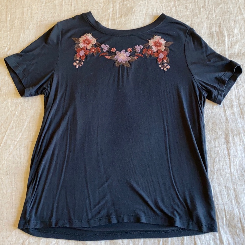 Navy T-Shirt with Embroidered Flowers